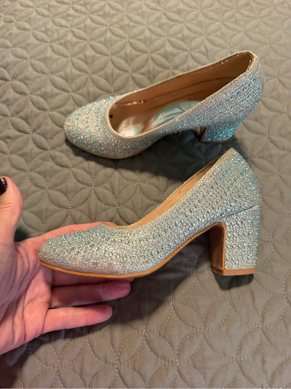 Kids sz 13 Sparkling Silver Crystal Block Heel Pumps. Wedding. Party
